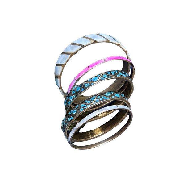 Vintage Jewelry - Set of Vintage Brass and Shell Bangles from India